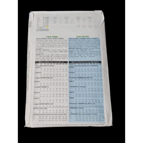 Vtg Butterick 5932 Pattern Classics 8-10-12 Womens Pullover Dress Jacket Uncut - Picture 3 of 5